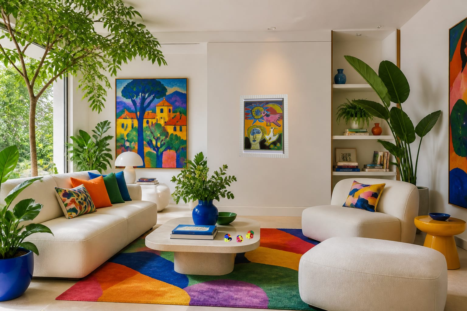 Mysterious lucky pigs on the table in a Fauvist living room
 